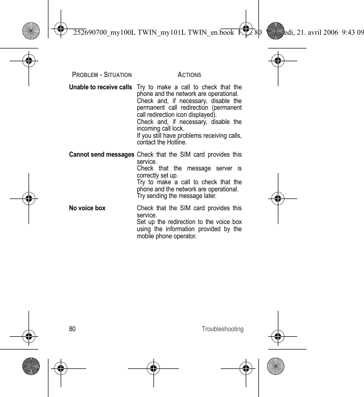 80 TroubleshootingUnable to receive callsTry to make a call to check that the phone and the network are operational.Check and, if necessary, disable the permanent call redirection (permanent call redirection icon displayed).Check and, if necessary, disable the incoming call lock.If you still have problems receiving calls, contact the Hotline.Cannot send messagesCheck that the SIM card provides this service.Check that the message server is correctly set up.Try to make a call to check that the phone and the network are operational.Try sending the message later.No voice boxCheck that the SIM card provides this service.Set up the redirection to the voice box using the information provided by the mobile phone operator.PROBLEM - SITUATIONACTIONS252690700_my100L TWIN_my101L TWIN_en.book  Page 80  Vendredi, 21. avril 2006  9:43 09