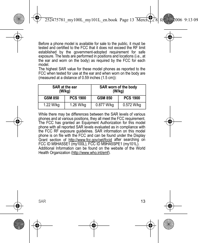 SAR13Before a phone model is available for sale to the public, it must be tested and certified to the FCC that it does not exceed the RF limit established by the government-adopted requirement for safe exposure. The tests are performed in positions and locations (i.e., at the ear and worn on the body) as required by the FCC for each model.The highest SAR value for these model phones as reported to the FCC when tested for use at the ear and when worn on the body are (measured at a distance of 0.59 inches (1.5 cm)):While there may be differences between the SAR levels of various phones and at various positions, they all meet the FCC requirement. The FCC has granted an Equipment Authorization for this model phone with all reported SAR levels evaluated as in compliance with the FCC RF exposure guidelines. SAR information on this model phone is on file with the FCC and can be found under the Display Grant section of http://www.fcc.gov/oet/fccid after searching on FCC ID M9HA5SE1 (my100L), FCC ID M9HA5SPE1 (my101L).Additional Information can be found on the website of the World Health Organization (http://www.who.int/emf).SAR at the ear(W/kg)SAR worn of the body(W/kg)GSM 850 PCS 1900 GSM 850 PCS 19001.22 W/kg 1.26 W/kg 0.877 W/kg 0.572 W/kg252475781_my100L_my101L_en.book  Page 13  Mercredi, 8. février 2006  9:13 09