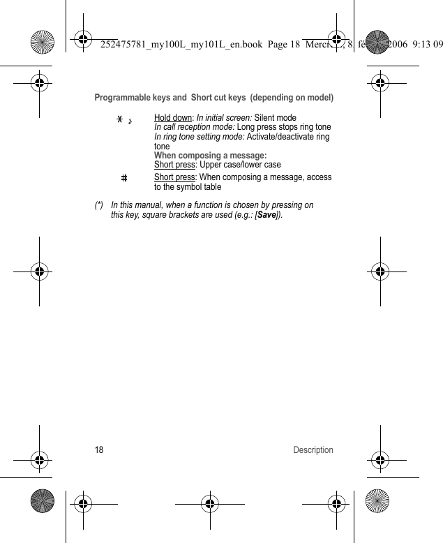 18 DescriptionHold down: In initial screen: Silent modeIn call reception mode: Long press stops ring toneIn ring tone setting mode: Activate/deactivate ring toneWhen composing a message:Short press: Upper case/lower caseShort press: When composing a message, access to the symbol table(*) In this manual, when a function is chosen by pressing on this key, square brackets are used (e.g.: [Save]).Programmable keys and  Short cut keys  (depending on model)252475781_my100L_my101L_en.book  Page 18  Mercredi, 8. février 2006  9:13 09