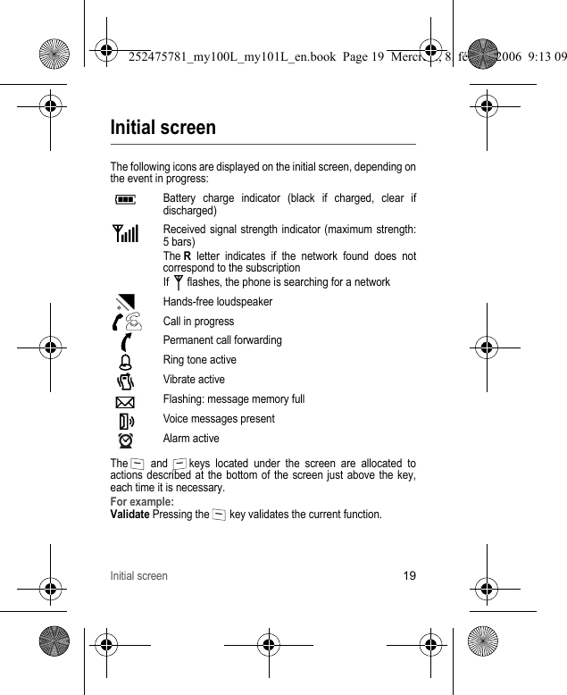 Initial screen19Initial screenThe following icons are displayed on the initial screen, depending on the event in progress:Battery charge indicator (black if charged, clear if discharged)Received signal strength indicator (maximum strength: 5 bars)The R letter indicates if the network found does not correspond to the subscriptionIf  flashes, the phone is searching for a networkHands-free loudspeakerCall in progressPermanent call forwardingRing tone activeVibrate activeFlashing: message memory fullVoice messages presentAlarm activeThe   and   keys located under the screen are allocated to actions described at the bottom of the screen just above the key, each time it is necessary.For example:Validate Pressing the   key validates the current function.252475781_my100L_my101L_en.book  Page 19  Mercredi, 8. février 2006  9:13 09