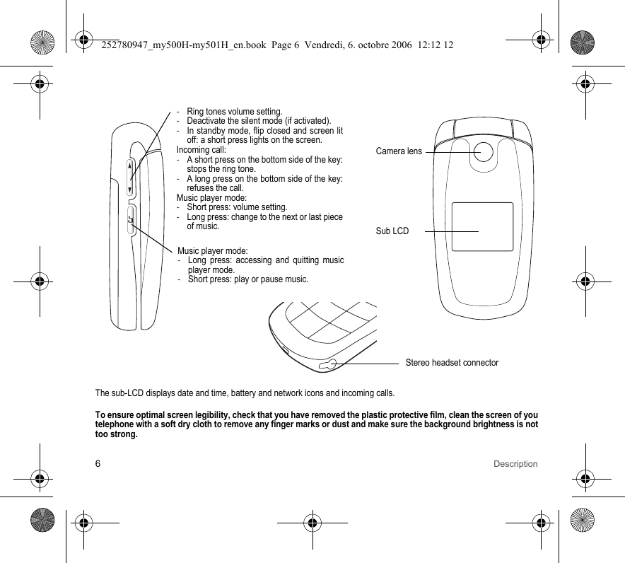 6DescriptionThe sub-LCD displays date and time, battery and network icons and incoming calls.To ensure optimal screen legibility, check that you have removed the plastic protective film, clean the screen of you telephone with a soft dry cloth to remove any finger marks or dust and make sure the background brightness is not too strong.Camera lensSub LCD-Ring tones volume setting.-Deactivate the silent mode (if activated).-In standby mode, flip closed and screen lit off: a short press lights on the screen.Incoming call:-A short press on the bottom side of the key: stops the ring tone.-A long press on the bottom side of the key: refuses the call.Music player mode:-Short press: volume setting.-Long press: change to the next or last piece of music.Music player mode:-Long press: accessing and quitting music player mode.-Short press: play or pause music.Stereo headset connector252780947_my500H-my501H_en.book  Page 6  Vendredi, 6. octobre 2006  12:12 12