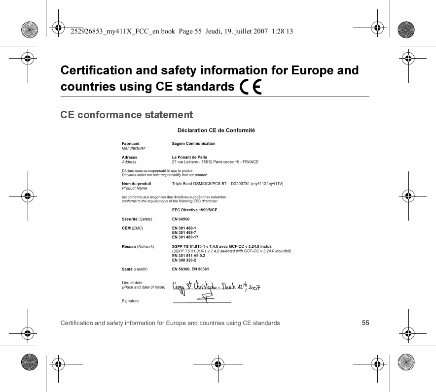 Certification and safety information for Europe and countries using CE standards 55$$$$&amp;&amp;252926853_my411X_FCC_en.book  Page 55  Jeudi, 19. juillet 2007  1:28 13