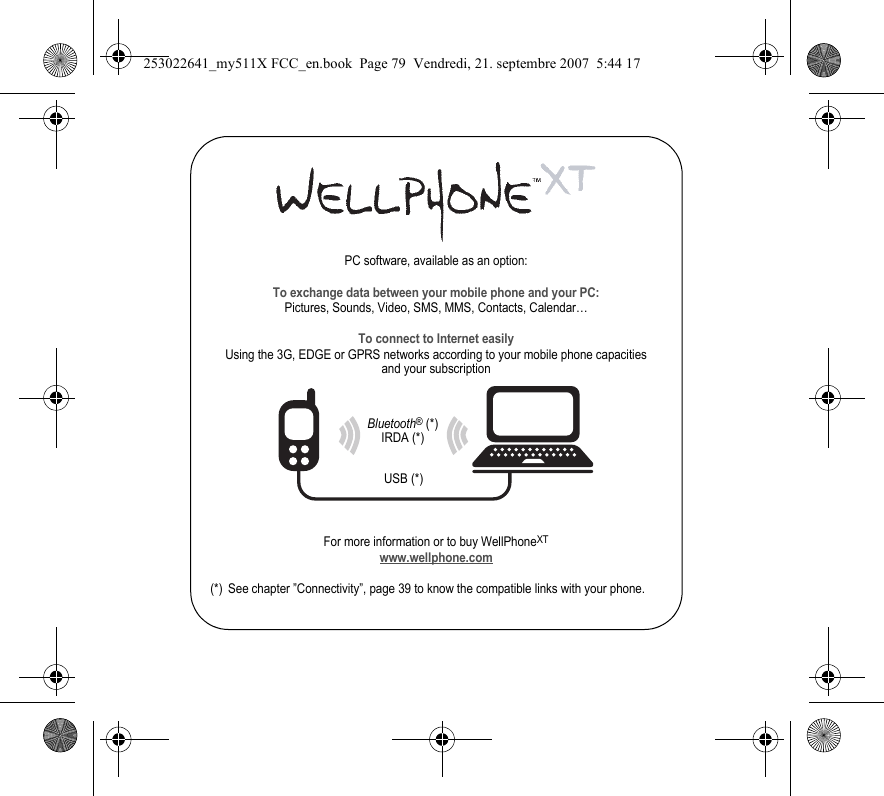 PC software, available as an option:To exchange data between your mobile phone and your PC:Pictures, Sounds, Video, SMS, MMS, Contacts, Calendar…To connect to Internet easilyUsing the 3G, EDGE or GPRS networks according to your mobile phone capacities and your subscriptionFor more information or to buy WellPhoneXTwww.wellphone.com(*) See chapter ”Connectivity”, page 39 to know the compatible links with your phone.Bluetooth® (*)IRDA (*)USB (*)253022641_my511X FCC_en.book  Page 79  Vendredi, 21. septembre 2007  5:44 17