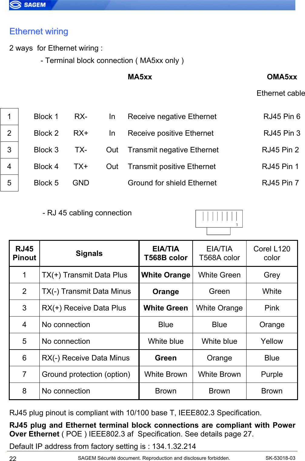  EEtthheerrnneett  wwiirriinngg  2 ways  for Ethernet wiring : - Terminal block connection ( MA5xx only )          MA5xx OMA5xx            Ethernet cable 1   Block 1  RX-  In  Receive negative Ethernet  RJ45 Pin 62    Block 2  RX+  In  Receive positive Ethernet  RJ45 Pin 33    Block 3  TX-  Out  Transmit negative Ethernet  RJ45 Pin 2 4    Block 4  TX+  Out  Transmit positive Ethernet  RJ45 Pin 1 5    Block 5  GND    Ground for shield Ethernet  RJ45 Pin 7  - RJ 45 cabling connection    RJ45 Pinout  Signals  EIA/TIA T568B color EIA/TIA T568A color Corel L120 color 1  TX(+) Transmit Data Plus  White Orange White Green  Grey 2  TX(-) Transmit Data Minus  Orange  Green White 3  RX(+) Receive Data Plus  White Green  White Orange  Pink 4 No connection  Blue  Blue  Orange 5  No connection  White blue  White blue  Yellow 6  RX(-) Receive Data Minus  Green  Orange Blue 7  Ground protection (option)  White Brown  White Brown  Purple 8 No connection  Brown  Brown  Brown  RJ45 plug pinout is compliant with 10/100 base T, IEEE802.3 Specification. RJ45 plug and Ethernet terminal block connections are compliant with Power Over Ethernet ( POE ) IEEE802.3 af  Specification. See details page 27. 22 SAGEM Sécurité document. Reproduction and disclosure forbidden.  SK-53018-03Default IP address from factory setting is : 134.1.32.214  