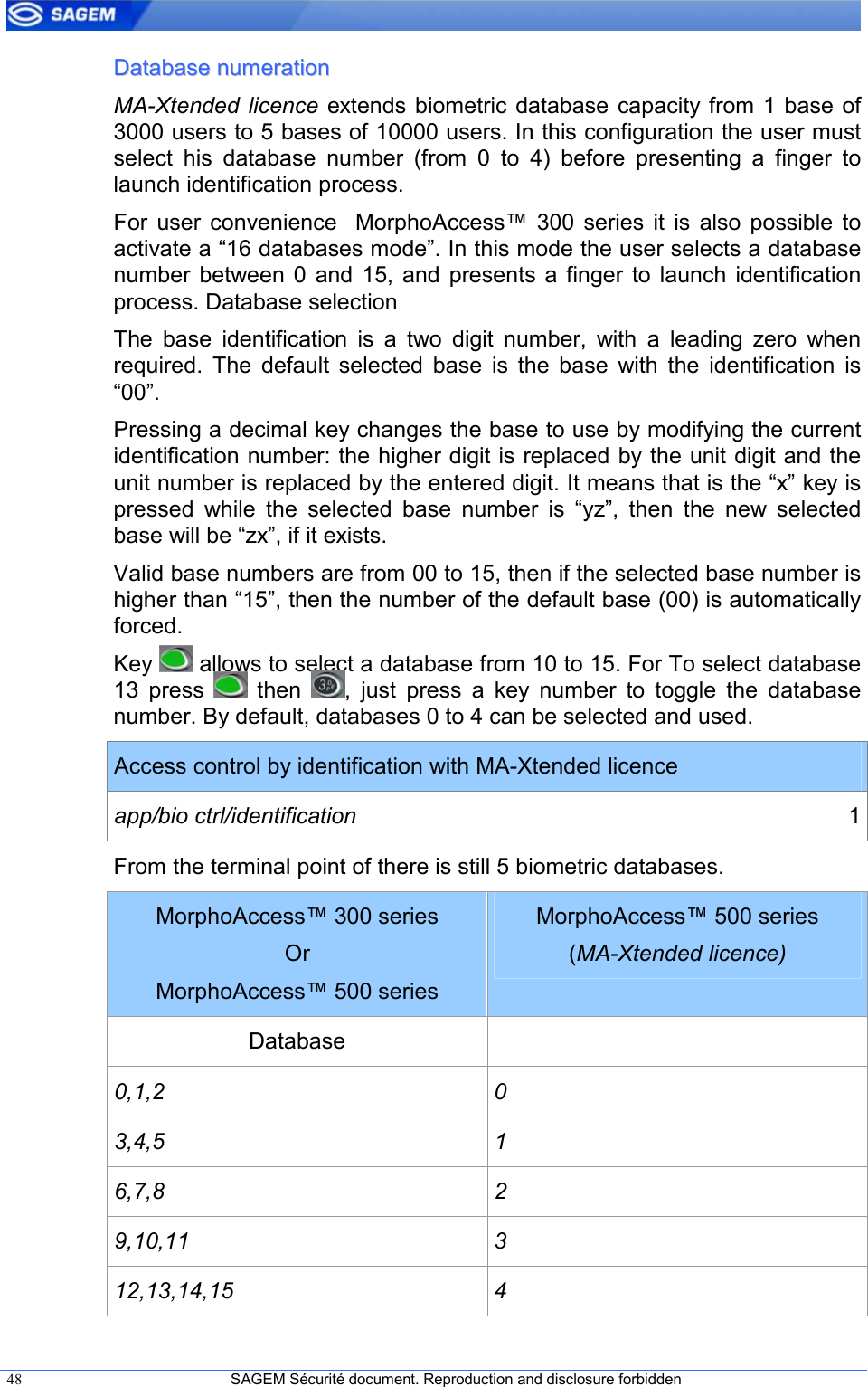  48  SAGEM Sécurité document. Reproduction and disclosure forbidden   DDaattaabbaassee  nnuummeerraattiioonn  MA-Xtended  licence extends  biometric database capacity from 1 base  of 3000 users to 5 bases of 10000 users. In this configuration the user must select  his  database  number  (from  0  to  4)  before  presenting  a  finger  to launch identification process. For  user  convenience    MorphoAccess™  300  series  it  is  also  possible  to activate a “16 databases mode”. In this mode the user selects a database number  between  0  and  15,  and  presents a finger  to  launch  identification process. Database selection  The  base  identification  is  a  two  digit  number,  with  a  leading  zero  when required.  The  default  selected  base  is  the  base  with  the  identification  is “00”. Pressing a decimal key changes the base to use by modifying the current identification number: the higher digit is replaced by the unit digit and the unit number is replaced by the entered digit. It means that is the “x” key is pressed  while  the  selected  base  number  is  “yz”,  then  the  new  selected base will be “zx”, if it exists. Valid base numbers are from 00 to 15, then if the selected base number is higher than “15”, then the number of the default base (00) is automatically forced. Key   allows to select a database from 10 to 15. For To select database 13  press    then  ,  just  press  a  key  number  to  toggle  the  database number. By default, databases 0 to 4 can be selected and used. Access control by identification with MA-Xtended licence app/bio ctrl/identification  1 From the terminal point of there is still 5 biometric databases. MorphoAccess™ 300 series Or  MorphoAccess™ 500 series MorphoAccess™ 500 series (MA-Xtended licence) Database   0,1,2 0 3,4,5  1 6,7,8  2 9,10,11  3 12,13,14,15  4 