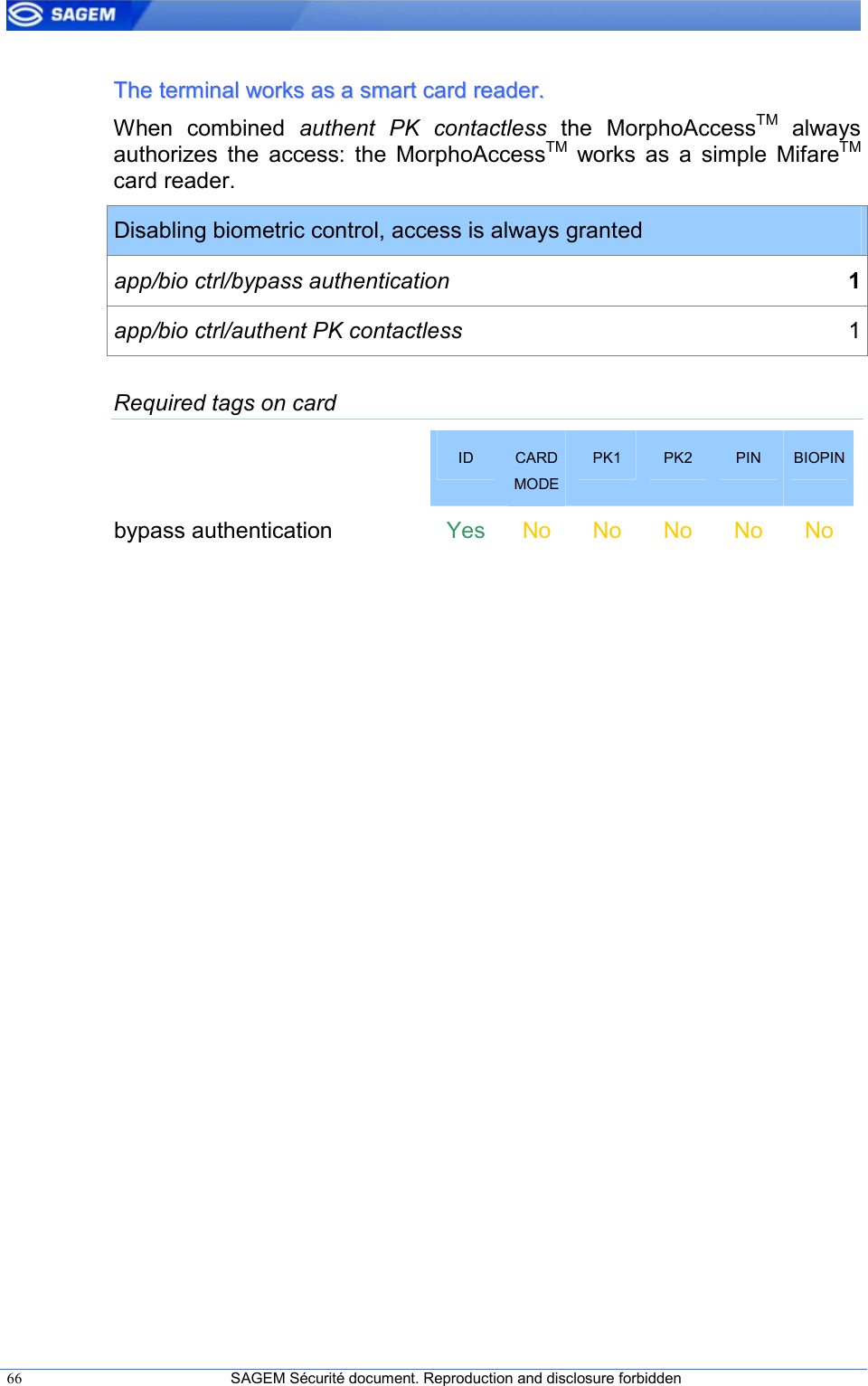  66  SAGEM Sécurité document. Reproduction and disclosure forbidden   TThhee  tteerrmmiinnaall  wwoorrkkss  aass  aa  ssmmaarrtt  ccaarrdd  rreeaaddeerr..  When  combined  authent  PK  contactless  the  MorphoAccessTM  always authorizes  the  access:  the  MorphoAccessTM  works  as  a  simple  MifareTM card reader. Disabling biometric control, access is always granted app/bio ctrl/bypass authentication  1 app/bio ctrl/authent PK contactless  1 Required tags on card  ID  CARD MODE PK1  PK2  PIN  BIOPIN bypass authentication    Yes No  No  No  No  No  