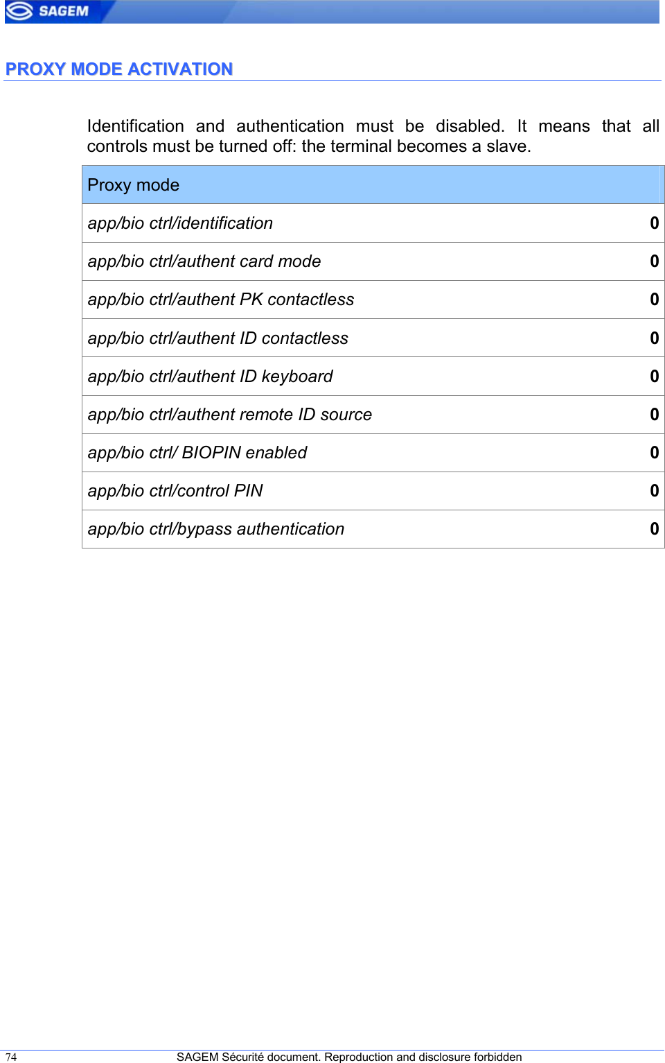  74  SAGEM Sécurité document. Reproduction and disclosure forbidden   PPRROOXXYY  MMOODDEE  AACCTTIIVVAATTIIOONN  Identification  and  authentication  must  be  disabled.  It  means  that  all controls must be turned off: the terminal becomes a slave. Proxy mode app/bio ctrl/identification  0 app/bio ctrl/authent card mode  0 app/bio ctrl/authent PK contactless  0 app/bio ctrl/authent ID contactless  0 app/bio ctrl/authent ID keyboard  0 app/bio ctrl/authent remote ID source  0 app/bio ctrl/ BIOPIN enabled  0 app/bio ctrl/control PIN  0 app/bio ctrl/bypass authentication  0  