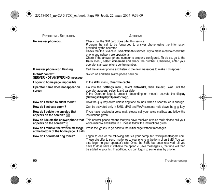 90 TroubleshootingNo answer phoneboxCheck that the SIM card does offer this service.Program the call to be forwarded to answer phone using the information provided by the operator.Check that the SIM card used offers this service. Try to make a call to check that phone and network are operational.Check if the answer phone number is properly configured. To do so, go to the Calls menu, select Voicemail and check the number. Otherwise, enter your operator’s answer phone centre number.If answer phone icon flashingCall the answer phone and listen to the new messages to make it disappear.In WAP context: SERVER NOT ANSWERING messageSwitch off and then switch phone back on.Logon to home page impossibleIn the WAP menu, Clear the cache.Operator name does not appear on screenGo into the Settings menu, select Networks, then [Select]. Wait until the operator appears, select it and validate.If the Operator logo is present (depending on model), activate the display (Settings/Display/Operator logo).How do I switch to silent mode?Hold the   key down unless ring tone sounds, when a short touch is enough.How do I activate zoom?Can be activated only in SMS, MMS and WAP screens; hold down the   key.How do I delete the envelop that appears on the screen? If you have received a voice mail, please call your voice mailbox and follow the instructions given.How do I delete the answer phone that appears on the screen? This answer phone means that you have received a voice mail: please call your voice mailbox and listen to it. Please follow the instructions given.How do I remove the written message at the bottom of the home page (1 call)Press the  key to go back to the initial page without messages.How do I download ring tones?Logon to one of the following site via your computer: www.planetsagem.com. These site offer to send ring tones to your phone in the form of an SMS. You can also logon to your operator&apos;s site. Once the SMS has been received, all you have to do is save it: validate the option « Save messages », the tune will then be added to your list. In addition, you can logon to some sites by phone.PROBLEM - SITUATIONACTIONS252784057_myC5-3 FCC_en.book  Page 90  Jeudi, 22. mars 2007  9:59 09