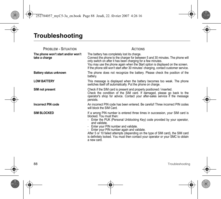 88 TroubleshootingTroubleshootingPROBLEM - SITUATIONACTIONSThe phone won’t start and/or won’t take a chargeThe battery has completely lost its charge.Connect the phone to the charger for between 5 and 30 minutes. The phone will only switch on after it has been charging for a few minutes.You may use the phone again when the Start option is displayed on the screen.If the phone still won&apos;t start after 30 minutes’ charging, contact customer service.Battery status unknownThe phone does not recognize the battery. Please check the position of the battery.LOW BATTERYThis message is displayed when the battery becomes too weak. The phone switches itself off automatically. Put the phone on charge.SIM not presentCheck if the SIM card is present and properly positioned / inserted.Check the condition of the SIM card. If damaged, please go back to the operator&apos;s shop for advice. Contact your after-sales service if the message persists.Incorrect PIN codeAn incorrect PIN code has been entered. Be careful! Three incorrect PIN codes will block the SIM Card.SIM BLOCKEDIf a wrong PIN number is entered three times in succession, your SIM card is blocked. You must then:-Enter the PUK (Personal Unblocking Key) code provided by your operator, and validate.-Enter your PIN number and validate.-Enter your PIN number again and validate.After 5 or 10 failed attempts (depending on the type of SIM card), the SIM card is definitely locked. You must then contact your operator or your SMC to obtain a new card.252784057_myC5-3a_en.book  Page 88  Jeudi, 22. février 2007  4:26 16