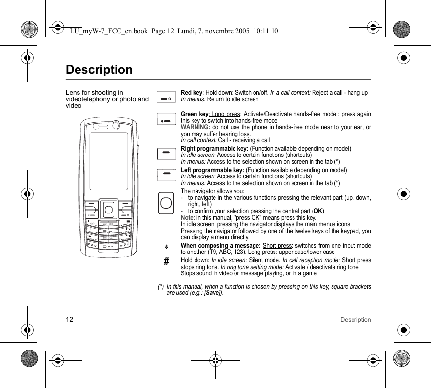 12 DescriptionDescriptionLens for shooting in videotelephony or photo and videoRed key: Hold down: Switch on/off. In a call context: Reject a call - hang upIn menus: Return to idle screenGreen key: Long press: Activate/Deactivate hands-free mode : press again this key to switch into hands-free modeWARNING: do not use the phone in hands-free mode near to your ear, or you may suffer hearing loss.In call context: Call - receiving a callRight programmable key: (Function available depending on model)In idle screen: Access to certain functions (shortcuts)In menus: Access to the selection shown on screen in the tab (*)(*) In this manual, when a function is chosen by pressing on this key, square brackets are used (e.g.: [Save]).Left programmable key: (Function available depending on model)In idle screen: Access to certain functions (shortcuts)In menus: Access to the selection shown on screen in the tab (*)The navigator allows you:-to navigate in the various functions pressing the relevant part (up, down, right, left)-to confirm your selection pressing the central part (OK)Note: in this manual, &quot;press OK&quot; means press this key.In idle screen, pressing the navigator displays the main menus iconsPressing the navigator followed by one of the twelve keys of the keypad, you can display a menu directly.∗When composing a message: Short press: switches from one input mode to another (T9, ABC, 123). Long press: upper case/lower case#Hold down: In idle screen: Silent mode. In call reception mode: Short press stops ring tone. In ring tone setting mode: Activate / deactivate ring toneStops sound in video or message playing, or in a gameLU_myW-7_FCC_en.book  Page 12  Lundi, 7. novembre 2005  10:11 10