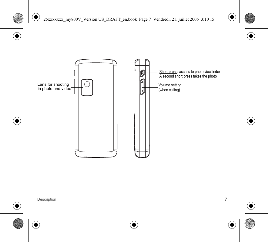 Description 7Lens for shootingVolume setting(when calling)in photo and video Short press: access to photo viewfinderA second short press takes the photo25xxxxxxx_my800V_Version US_DRAFT_en.book  Page 7  Vendredi, 21. juillet 2006  3:10 15