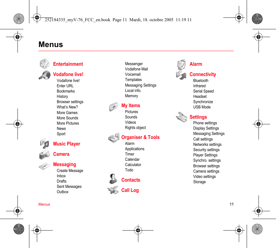 Menus 11MenusEntertainmentVodafone live!Vodafone live!Enter URLBookmarksHistoryBrowser settingsWhat’s New?More GamesMore SoundsMore PicturesNewsSportMusic PlayerCameraMessagingCreate MessageInboxDraftsSent MessagesOutboxMessengerVodafone MailVoicemailTemplatesMessaging SettingsLocal info.MemoryMy ItemsPicturesSoundsVideosRights objectOrganiser &amp; ToolsAlarmApplicationsTimerCalendarCalculatorTodoContactsCall LogAlarmConnectivityBluetoothInfraredSerial SpeedHeadsetSynchronizeUSB ModeSettingsPhone settingsDisplay SettingsMessaging SettingsCall settingsNetworks settingsSecurity settingsPlayer SettingsSynchro. settingsBrowser settingsCamera settingsVideo settingsStorage252184335_myV-76_FCC_en.book  Page 11  Mardi, 18. octobre 2005  11:19 11