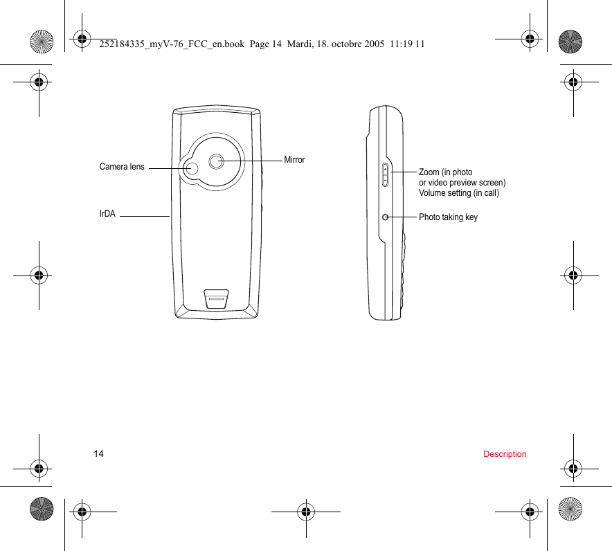 14 DescriptionCamera lens MirrorIrDAZoom (in photoPhoto taking key or video preview screen)Volume setting (in call)252184335_myV-76_FCC_en.book  Page 14  Mardi, 18. octobre 2005  11:19 11