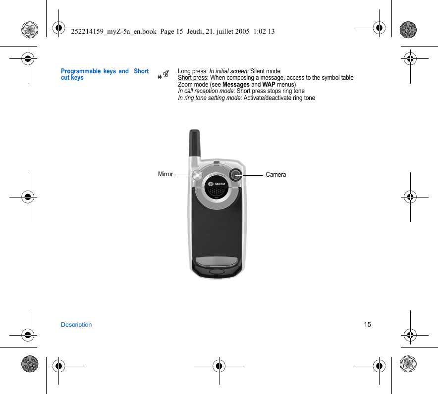 Description 15Programmable keys and  Short cut keysLong press: In initial screen: Silent modeShort press: When composing a message, access to the symbol tableZoom mode (see Messages and WAP menus)In call reception mode: Short press stops ring toneIn ring tone setting mode: Activate/deactivate ring toneMirror Camera252214159_myZ-5a_en.book  Page 15  Jeudi, 21. juillet 2005  1:02 13