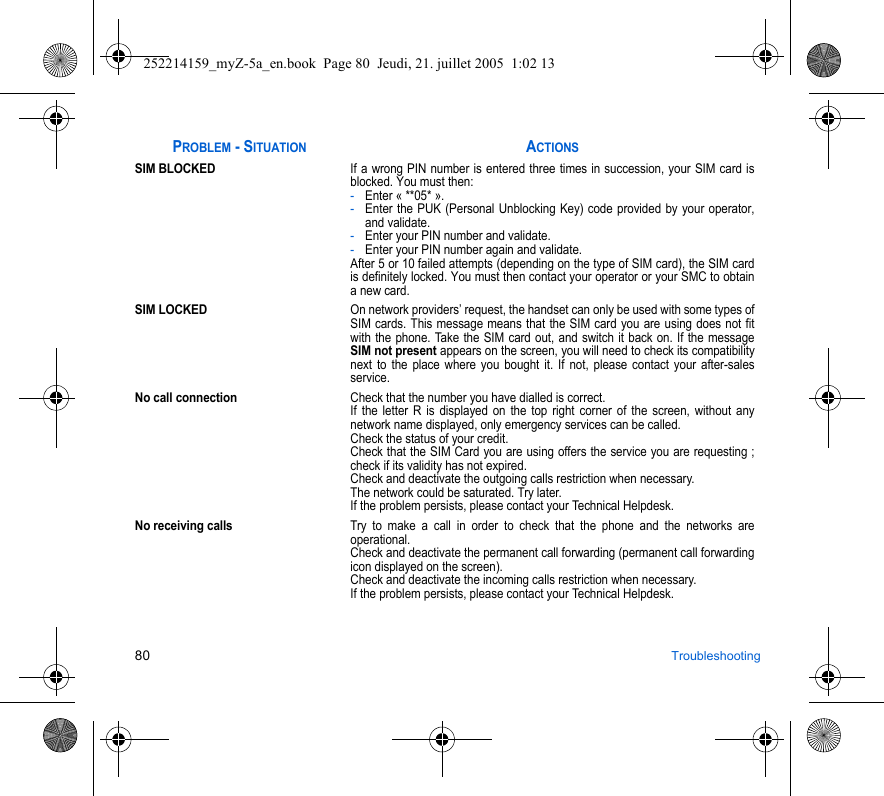 80 TroubleshootingSIM BLOCKEDIf a wrong PIN number is entered three times in succession, your SIM card is blocked. You must then:-Enter « **05* ».-Enter the PUK (Personal Unblocking Key) code provided by your operator, and validate.-Enter your PIN number and validate.-Enter your PIN number again and validate.After 5 or 10 failed attempts (depending on the type of SIM card), the SIM card is definitely locked. You must then contact your operator or your SMC to obtain a new card.SIM LOCKEDOn network providers’ request, the handset can only be used with some types of SIM cards. This message means that the SIM card you are using does not fit with the phone. Take the SIM card out, and switch it back on. If the message SIM not present appears on the screen, you will need to check its compatibility next to the place where you bought it. If not, please contact your after-sales service.No call connectionCheck that the number you have dialled is correct.If the letter R is displayed on the top right corner of the screen, without any network name displayed, only emergency services can be called.Check the status of your credit.Check that the SIM Card you are using offers the service you are requesting ; check if its validity has not expired.Check and deactivate the outgoing calls restriction when necessary.The network could be saturated. Try later.If the problem persists, please contact your Technical Helpdesk.No receiving callsTry to make a call in order to check that the phone and the networks are operational. Check and deactivate the permanent call forwarding (permanent call forwarding icon displayed on the screen). Check and deactivate the incoming calls restriction when necessary.If the problem persists, please contact your Technical Helpdesk.PROBLEM - SITUATIONACTIONS252214159_myZ-5a_en.book  Page 80  Jeudi, 21. juillet 2005  1:02 13