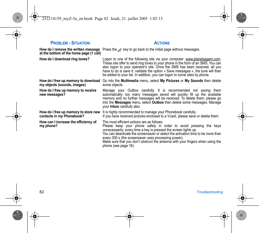 82 TroubleshootingHow do I remove the written message at the bottom of the home page (1 call)Press the  key to go back to the initial page without messages.How do I download ring tones?Logon to one of the following site via your computer: www.planetsagem.com. These site offer to send ring tones to your phone in the form of an SMS. You can also logon to your operator&apos;s site. Once the SMS has been received, all you have to do is save it: validate the option « Save messages », the tune will then be added to your list. In addition, you can logon to some sites by phone.How do I free up memory to download my objects (sounds, images)Go into the Multimedia menu, select My Pictures or My Sounds then delete some objects.How do I free up memory to receive new messages?Manage your Outbox carefully. It is recommended not saving them automatically: too many messages saved will quickly fill up the available memory and no further messages will be received. To delete them, please go into the Messages menu, select Outbox then delete some messages. Manage your Inbox carefully also.How do I free up memory to store new contacts in my Phonebook?It is highly recommended to manage your Phonebook carefully.If you have received pictures enclosed to a Vcard, please save or delete them.How can I increase the efficiency of my phone?The most efficient actions are as follows:Please keep your phone safely in order to avoid pressing the keys unnecessarily: every time a key is pressed the screen lights up.You can deactivate the screensaver or select the activation time to be more than every 300 s (the screensaver uses processing power).Make sure that you don’t obstruct the antenna with your fingers when using the phone (see page 18).PROBLEM - SITUATIONACTIONS252214159_myZ-5a_en.book  Page 82  Jeudi, 21. juillet 2005  1:02 13