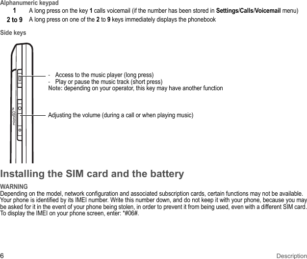 6DescriptionAlphanumeric keypadA long press on the key 1 calls voicemail (if the number has been stored in Settings/Calls/Voicemail menu)A long press on one of the 2 to 9 keys immediately displays the phonebookSide keys-Access to the music player (long press)-Play or pause the music track (short press)Note: depending on your operator, this key may have another functionAdjusting the volume (during a call or when playing music)Installing the SIM card and the batteryWARNINGDepending on the model, network configuration and associated subscription cards, certain functions may not be available. Your phone is identified by its IMEI number. Write this number down, and do not keep it with your phone, because you may be asked for it in the event of your phone being stolen, in order to prevent it from being used, even with a different SIM card. To display the IMEI on your phone screen, enter: *#06#.12 to 9