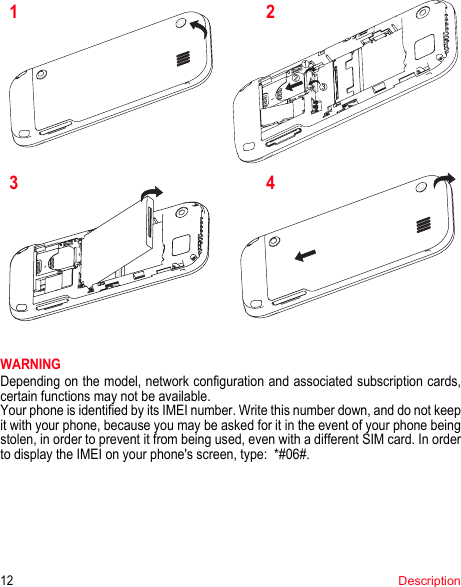 123412DescriptionWARNINGDepending on the model, network configuration and associated subscription cards, certain functions may not be available.Your phone is identified by its IMEI number. Write this number down, and do not keep it with your phone, because you may be asked for it in the event of your phone being stolen, in order to prevent it from being used, even with a different SIM card. In order to display the IMEI on your phone&apos;s screen, type:  *#06#.