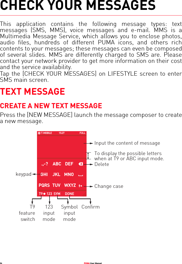 26 PUMA User ManualCHECK YOUR MESSAGESThis application contains the following message types: text messages (SMS, MMS), voice messages and e-mail. MMS is a Multimedia Message Service, which allows you to enclose photos, audio files, hundreds of different PUMA icons, and others rich contents to your messages; these messages can even be composed of several slides. MMS are differently charged to SMS are. Please contact your network provider to get more information on their cost and the service availability. Tap the [CHECK YOUR MESSAGES] on LIFESTYLE screen to enter SMS main screen. TEXT MESSAGECREATE A NEW TEXT MESSAGEPress the [NEW MESSAGE] launch the message composer to create a new message.T-MOBILE 15:27 FULL.,-?     ABC    DEFGHI     JKL    MNOPQRS   TUV    WXYZT9     123  SYM      DONEInput the content of messageTo display the possible letterswhen at T9 or ABC input mode.keypadT9featureswitchDeleteChange case123inputmodeSymbolinputmodeConfirm