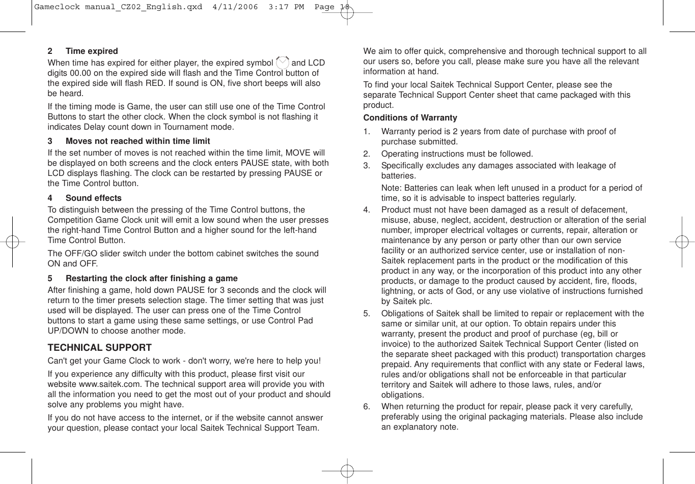 Page 10 of 12 - Saitek Saitek-Game-Clock-Users-Manual- Gameclock Manual_CZ02_English  Saitek-game-clock-users-manual