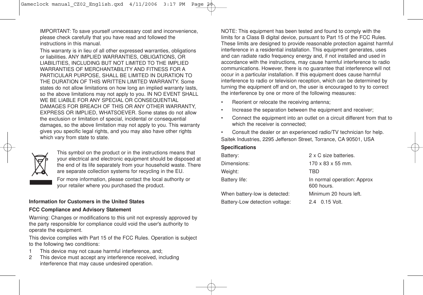 Page 11 of 12 - Saitek Saitek-Game-Clock-Users-Manual- Gameclock Manual_CZ02_English  Saitek-game-clock-users-manual