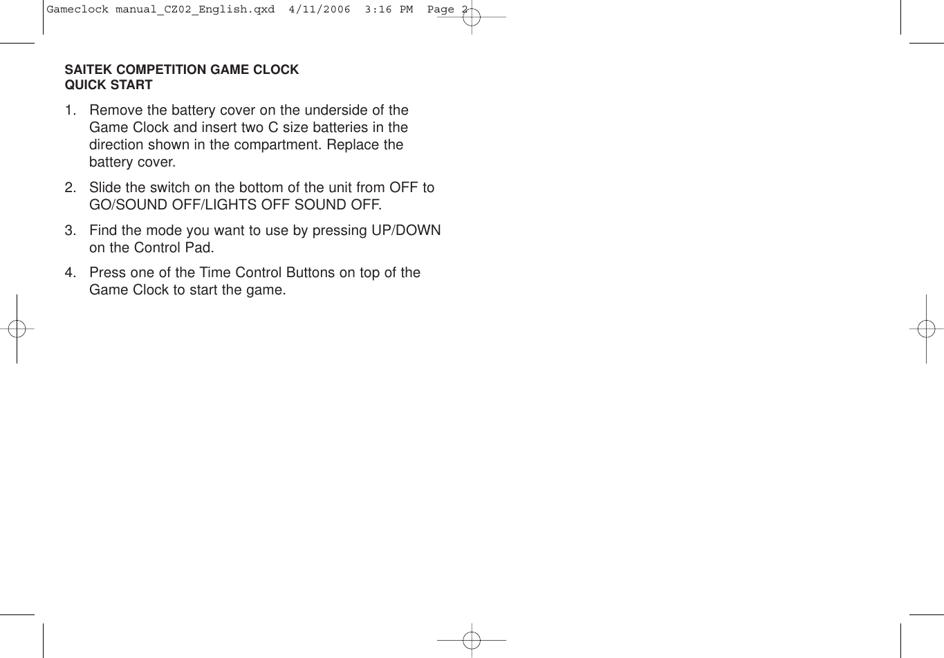 Page 2 of 12 - Saitek Saitek-Game-Clock-Users-Manual- Gameclock Manual_CZ02_English  Saitek-game-clock-users-manual