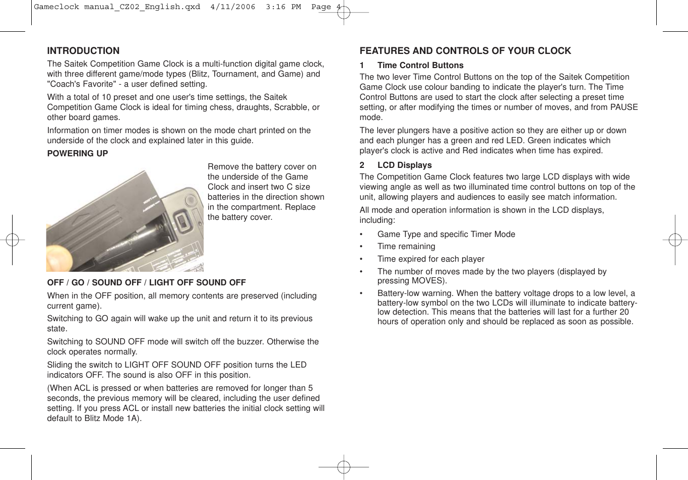 Page 3 of 12 - Saitek Saitek-Game-Clock-Users-Manual- Gameclock Manual_CZ02_English  Saitek-game-clock-users-manual
