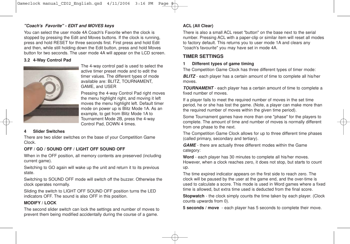 Page 5 of 12 - Saitek Saitek-Game-Clock-Users-Manual- Gameclock Manual_CZ02_English  Saitek-game-clock-users-manual