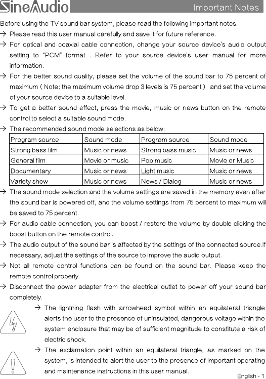 Important NotessBefore using the TV sound bar system, please read the following important notes.Please read this user manual carefully and save it for future reference.For optical and coaxial cable connection, change your source device’s audio outputsetting to “PCM”format . Refer to your source device’s user manual for moreinformation.For the better sound quality, please set the volume of the sound bar to 75 percent ofmaximum（Note: the maximum volume drop 3 levels is 75 percent） and set the volumeof your source device to a suitable level.To get a better sound effect, press the movie, music or news button on the remotecontrol to select a suitable sound mode.The recommended sound mode selections as below:Program sourceSound modeProgram sourceSound modeStrong bass filmMusic or newsStrong bass musicMusic or newsGeneral filmMovie or musicPop musicMovie or MusicDocumentaryMusic or newsLight musicMusic or newsVariety showMusic or newsNews / DialogMusic or newsThe sound mode selection and the volume settings are saved in the memory even afterthe sound bar is powered off, and the volume settings from 75 percent to maximum willbe saved to 75 percent.For audio cable connection, you can boost / restore the volume by double clicking theboost button on the remote control.The audio output of the sound bar is affected by the settings of the connected source.Ifnecessary, adjust the settings of the source to improve the audio output.Not all remote control functions can be found on the sound bar. Please keep theremote control properly.Disconnect the power adapter from the electrical outlet to power off your sound barcompletely.The lightning flash with arrowhead symbol within an equilateral trianglealerts the user to the presence of uninsulated, dangerous voltage within thesystem enclosure that may be of sufficient magnitude to constitute a risk ofelectric shock.The exclamation point within an equilateral triangle, as marked on thesystem, is intended to alert the user to the presence of important operatingand maintenance instructions in this user manual.English - 1