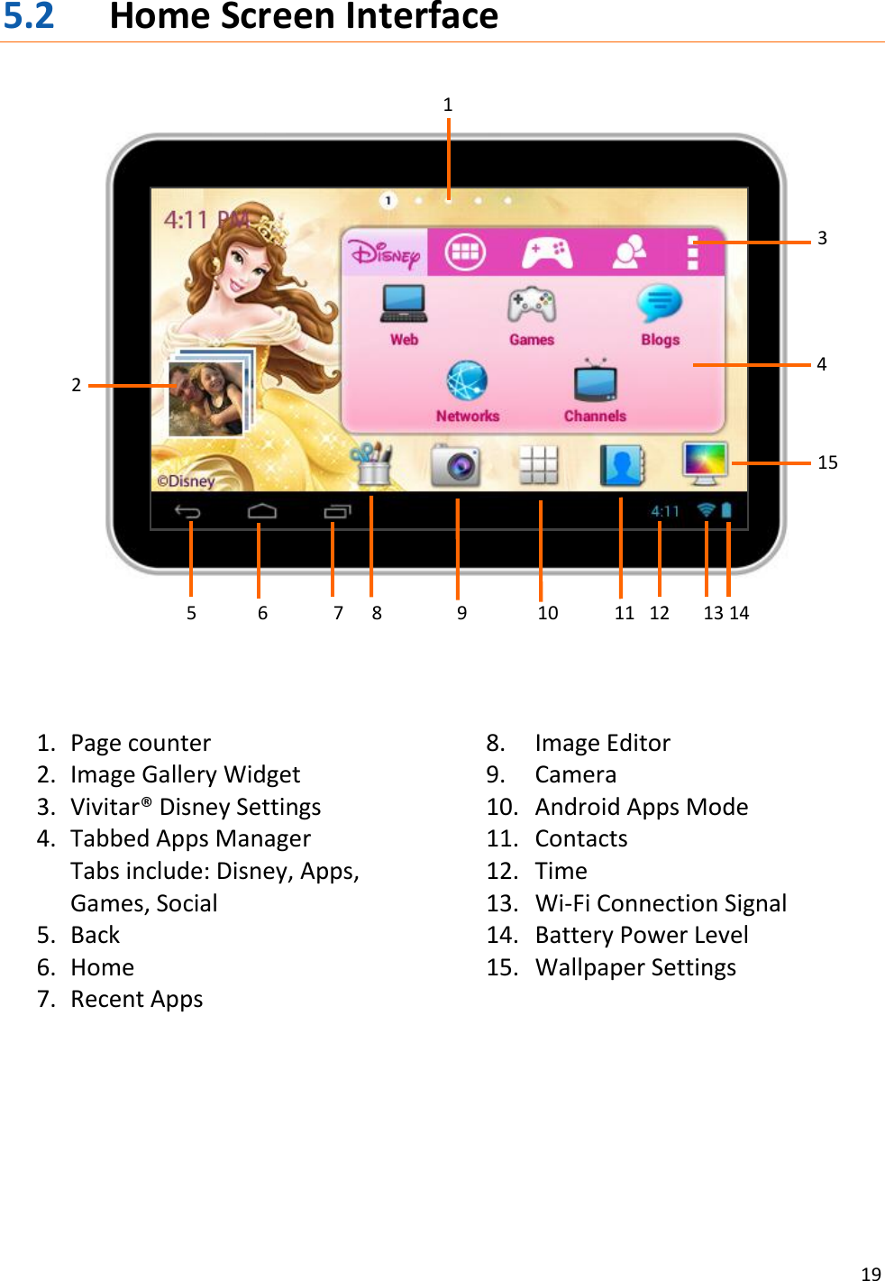 19  5.2 Home Screen Interface                       1. Page counter 2. Image Gallery Widget 3. Vivitar® Disney Settings 4. Tabbed Apps Manager Tabs include: Disney, Apps, Games, Social 5. Back 6. Home 7. Recent Apps 8. Image Editor  9. Camera 10. Android Apps Mode 11. Contacts 12. Time 13. Wi-Fi Connection Signal 14. Battery Power Level 15. Wallpaper Settings       1 2 3 4  5             6              7      8                9               10            11   12       13 14  15 