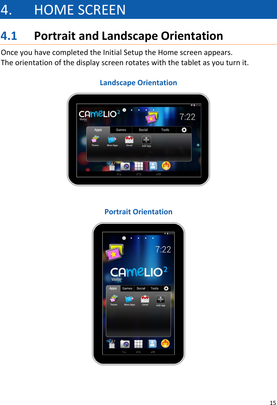 154. HOMESCREEN4.1 PortraitandLandscapeOrientationOnceyouhavecompletedtheInitialSetuptheHomescreenappears.Theorientationofthedisplayscreenrotateswiththetabletasyouturnit.LandscapeOrientationPortraitOrientation