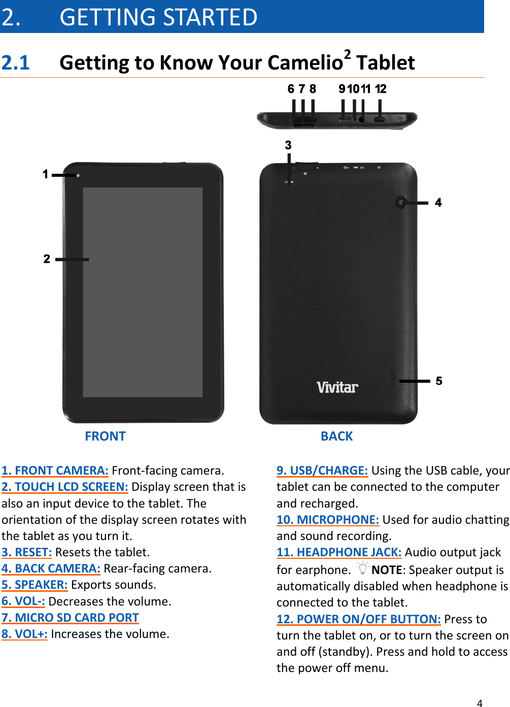 42. GETTINGSTARTED2.1 GettingtoKnowYourCamelio2TabletFRONTBACK1.FRONTCAMERA:Front‐facingcamera.2.TOUCHLCDSCREEN:Displayscreenthatisalsoaninputdevicetothetablet.Theorientationofthedisplayscreenrotateswiththetabletasyouturnit.3.RESET:Resetsthetablet.4.BACKCAMERA:Rear‐facingcamera.5.SPEAKER:Exportssounds.6.VOL‐:Decreasesthevolume.7.MICROSDCARDPORT8.VOL+:Increasesthevolume.9.USB/CHARGE: UsingtheUSBcable,yourtabletcanbeconnectedtothecomputerandrecharged.10.MICROPHONE:Usedforaudiochattingandsoundrecording.11.HEADPHONEJACK:Audiooutputjackforearphone.NOTE:Speakeroutputisautomaticallydisabledwhenheadphoneisconnectedtothetablet.12.POWERON/OFFBUTTON:Presstoturnthetableton,ortoturnthescreenonandoff(standby).Pressandholdtoaccessthepoweroffmenu.