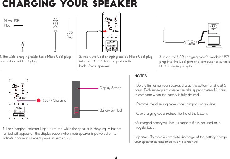 Ý¸¿®¹·²¹ Ç±«® Í°»¿µ»®(red) = ChargingBattery SymbolDisplay ScreenNOTES: --Before first using your speaker, charge the battery for at least 5 hours. Each subsequent charge can take approximately 1-2 hours to complete when the battery is fully drained.--Remove the charging cable once charging is complete. --Overcharging could reduce the life of the battery. --A charged battery will lose its capacity if it is not used on a    regular basis.Important: To avoid a complete discharge of the battery, charge your speaker at least once every six months.1. The USB charging cable has a Micro USB plug and a standard USB plug.2. Insert the USB charging cable’s Micro USB plug into the DC 5V charging port on theback of your speaker. Micro USBPlugUSBPlug3. Insert the USB charging cable’s standard USB plug into the USB port of a computer or suitable  USB  charging adapter. 4. The Charging Indicator Light  turns red while the speaker is charging. A battery symbol will appear on the display screen when your speaker is powered on to indicate how much battery power is remaining.THE COVER(OR BACK)MAY BE HOT.BE CAREOF TOUCHWARNINGMODEL: MUZ7005     POWER: 8WBATTERY CAPACITY: 1800MAHMade in ChinaFCC ID:WARING:TO REDUCE THE RISK OF FIRE OR ELECTRIC SHOCK,DO NOT EXPOSE THIS APPLIANCE TO RAIN OR MOISTURETHE COVER(OR BACK)MAY BE HOT.BE CAREOF TOUCHWARNINGMODEL: MUZ7005     POWER: 8WBATTERY CAPACITY: 1800MAHMade in ChinaFCC ID:WARING:TO REDUCE THE RISK OF FIRE OR ELECTRIC SHOCK,DO NOT EXPOSE THIS APPLIANCE TO RAIN OR MOISTURE