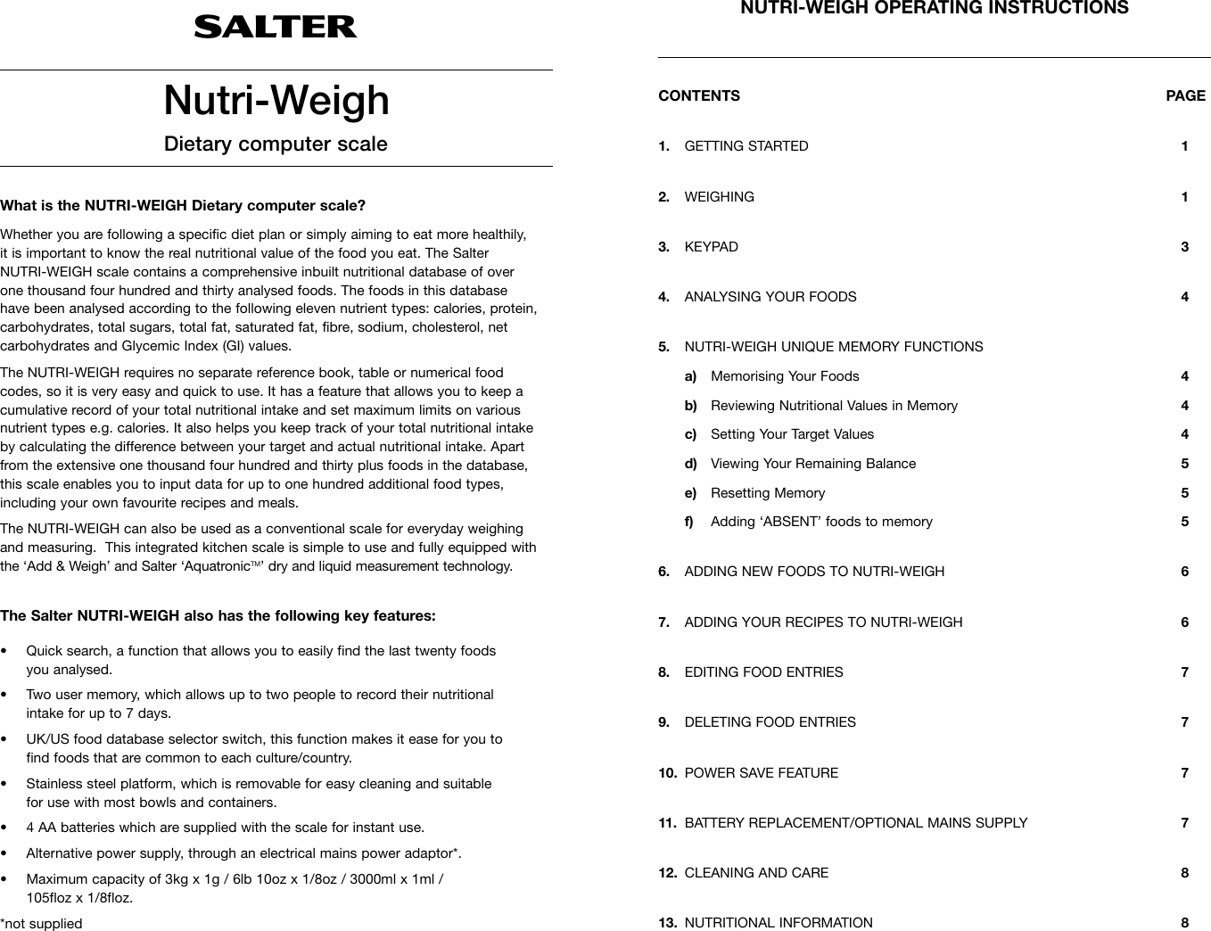 Page 2 of 7 - Salter-Housewares Salter-Housewares-Nutri-Weigh-Instruction-Manual-Users-Manual- SH7151_1450_135x240mm  Salter-housewares-nutri-weigh-instruction-manual-users-manual