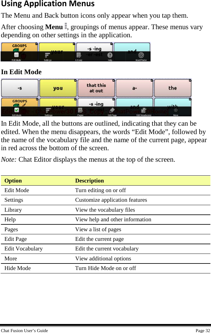  Chat Fusion User’s Guide    Page 32 Using Application Menus The Menu and Back button icons only appear when you tap them. After choosing Menu , groupings of menus appear. These menus vary depending on other settings in the application.  In Edit Mode  In Edit Mode, all the buttons are outlined, indicating that they can be edited. When the menu disappears, the words “Edit Mode”, followed by the name of the vocabulary file and the name of the current page, appear in red across the bottom of the screen. Note: Chat Editor displays the menus at the top of the screen.  Option Description Edit Mode Turn editing on or off Settings Customize application features Library View the vocabulary files Help View help and other information Pages View a list of pages Edit Page Edit the current page Edit Vocabulary Edit the current vocabulary More  View additional options Hide Mode Turn Hide Mode on or off  
