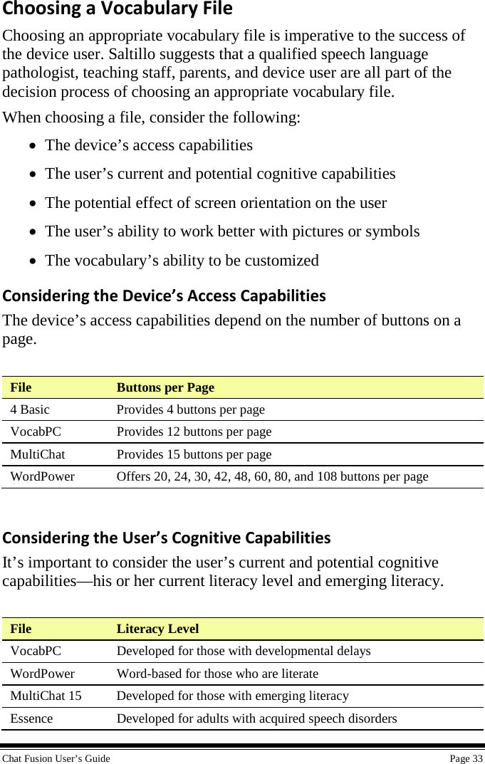  Chat Fusion User’s Guide    Page 33 Choosing a Vocabulary File Choosing an appropriate vocabulary file is imperative to the success of the device user. Saltillo suggests that a qualified speech language pathologist, teaching staff, parents, and device user are all part of the decision process of choosing an appropriate vocabulary file. When choosing a file, consider the following: • The device’s access capabilities • The user’s current and potential cognitive capabilities • The potential effect of screen orientation on the user • The user’s ability to work better with pictures or symbols • The vocabulary’s ability to be customized Considering the Device’s Access Capabilities The device’s access capabilities depend on the number of buttons on a page.  File Buttons per Page 4 Basic Provides 4 buttons per page VocabPC Provides 12 buttons per page MultiChat Provides 15 buttons per page WordPower Offers 20, 24, 30, 42, 48, 60, 80, and 108 buttons per page  Considering the User’s Cognitive Capabilities It’s important to consider the user’s current and potential cognitive capabilities—his or her current literacy level and emerging literacy.  File Literacy Level VocabPC Developed for those with developmental delays WordPower Word-based for those who are literate  MultiChat 15 Developed for those with emerging literacy Essence Developed for adults with acquired speech disorders 