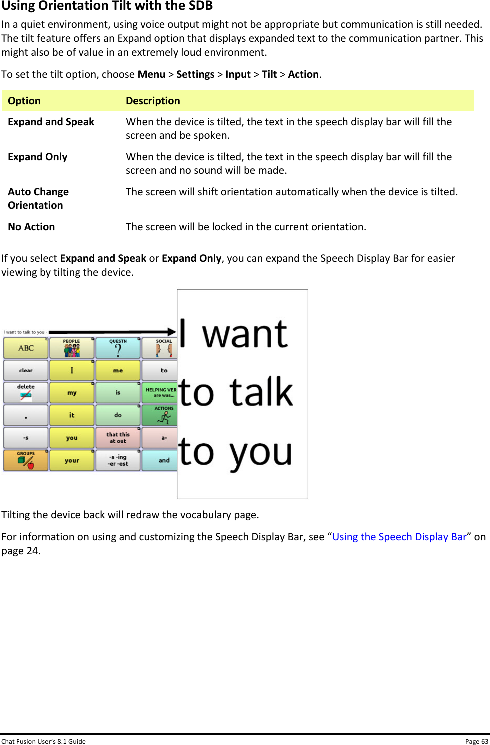 Chat Fusion User’s 8.1 Guide Page 63 Using Orientation Tilt with the SDB In a quiet environment, using voice output might not be appropriate but communication is still needed. The tilt feature offers an Expand option that displays expanded text to the communication partner. This might also be of value in an extremely loud environment. To set the tilt option, choose Menu &gt; Settings &gt; Input &gt; Tilt &gt; Action. Option Description Expand and Speak When the device is tilted, the text in the speech display bar will fill the screen and be spoken. Expand Only When the device is tilted, the text in the speech display bar will fill the screen and no sound will be made. Auto Change Orientation The screen will shift orientation automatically when the device is tilted. No Action The screen will be locked in the current orientation.  If you select Expand and Speak or Expand Only, you can expand the Speech Display Bar for easier viewing by tilting the device.  Tilting the device back will redraw the vocabulary page. For information on using and customizing the Speech Display Bar, see “Using the Speech Display Bar” on page 24.        