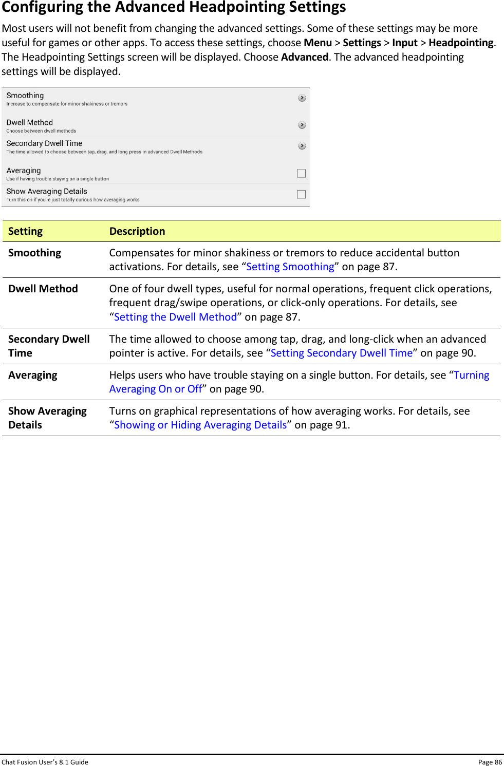 Chat Fusion User’s 8.1 Guide Page 86 Configuring the Advanced Headpointing Settings Most users will not benefit from changing the advanced settings. Some of these settings may be more useful for games or other apps. To access these settings, choose Menu &gt; Settings &gt; Input &gt; Headpointing. The Headpointing Settings screen will be displayed. Choose Advanced. The advanced headpointing settings will be displayed.   Setting Description Smoothing Compensates for minor shakiness or tremors to reduce accidental button activations. For details, see “Setting Smoothing” on page 87. Dwell Method One of four dwell types, useful for normal operations, frequent click operations, frequent drag/swipe operations, or click-only operations. For details, see “Setting the Dwell Method” on page 87. Secondary Dwell Time The time allowed to choose among tap, drag, and long-click when an advanced pointer is active. For details, see “Setting Secondary Dwell Time” on page 90. Averaging Helps users who have trouble staying on a single button. For details, see “Turning Averaging On or Off” on page 90. Show Averaging Details Turns on graphical representations of how averaging works. For details, see “Showing or Hiding Averaging Details” on page 91.              
