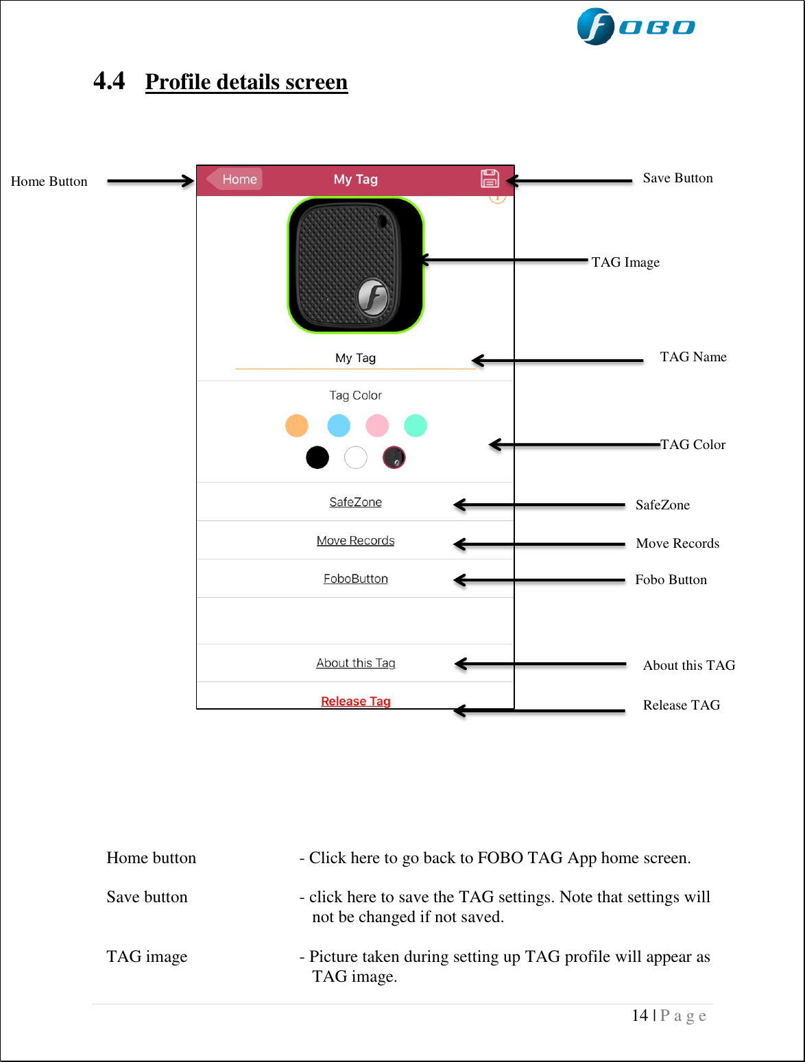  14 | P a g e    4.4 Profile details screen             Home button  - Click here to go back to FOBO TAG App home screen.  Save button  - click here to save the TAG settings. Note that settings will not be changed if not saved.  TAG image  - Picture taken during setting up TAG profile will appear as TAG image. TAG Image TAG Name Home Button TAG Color SafeZone  Move Records Fobo Button About this TAG Release TAG Save Button 