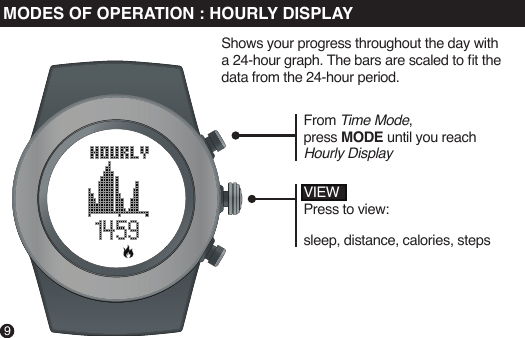 VIEWPress to view:sleep, distance, calories, stepsFrom Time Mode,press MODE until you reach Hourly Display9MODES OF OPERATION : HOURLY DISPLAYShows your progress throughout the day with a 24-hour graph. The bars are scaled to t the data from the 24-hour period.