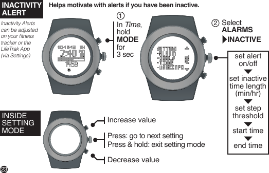 In Time,hold MODE for 3 secSelect ALARMS   INACTIVEINSIDE SETTING MODEset alerton/off set inactivetime length (min/hr) set stepthresholdstart timeend time12Increase valueDecrease valuePress: go to next settingPress &amp; hold: exit setting mode INACTIVITYALERT23Inactivity Alerts can be adjusted on your tness tracker or the LifeTrak App (via Settings)Helps motivate with alerts if you have been inactive. 