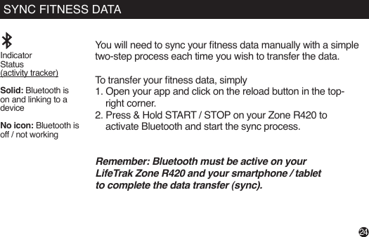 You will need to sync your tness data manually with a simple two-step process each time you wish to transfer the data.To transfer your tness data, simply 1. Open your app and click on the reload button in the top-    right corner.2. Press &amp; Hold START / STOP on your Zone R420 to      activate Bluetooth and start the sync process.Remember: Bluetooth must be active on yourLifeTrak Zone R420 and your smartphone / tabletto complete the data transfer (sync).Indicator Status (activity tracker)Solid: Bluetooth is on and linking to a deviceNo icon: Bluetooth is off / not workingSYNC FITNESS DATA24