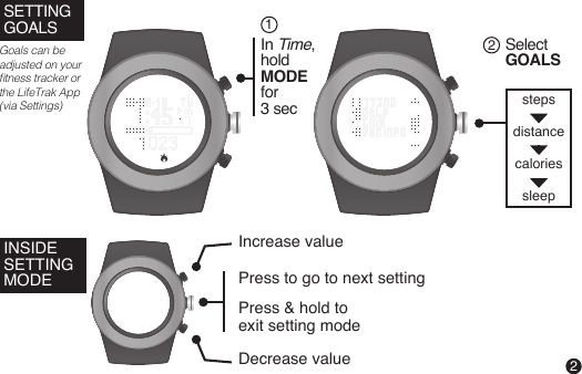 steps distance caloriessleepINSIDE SETTING MODESETTINGGOALSIncrease valueDecrease valuePress to go to next settingPress &amp; hold to exit setting mode Goals can be adjusted on your tness tracker or the LifeTrak App (via Settings)Select GOALS2In Time,hold MODE for 3 sec12