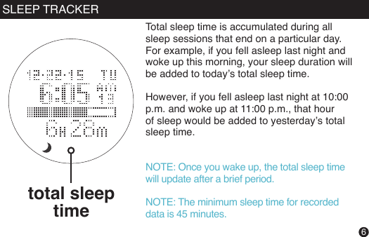 Total sleep time is accumulated during all sleep sessions that end on a particular day. For example, if you fell asleep last night and woke up this morning, your sleep duration will be added to today’s total sleep time.However, if you fell asleep last night at 10:00 p.m. and woke up at 11:00 p.m., that hour of sleep would be added to yesterday’s total sleep time.NOTE: Once you wake up, the total sleep time will update after a brief period.NOTE: The minimum sleep time for recorded data is 45 minutes.total sleep time6SLEEP TRACKER