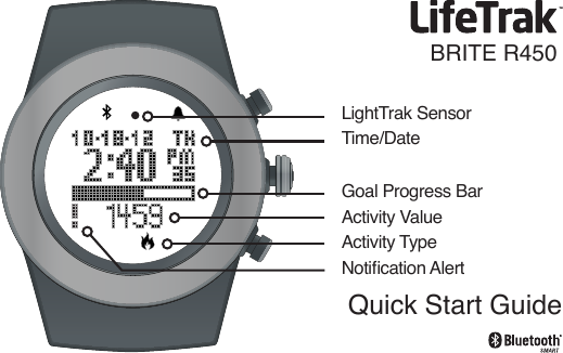Goal Progress BarTime/DateLightTrak SensorActivity ValueActivity TypeNotication AlertQuick Start GuideBRITE R450