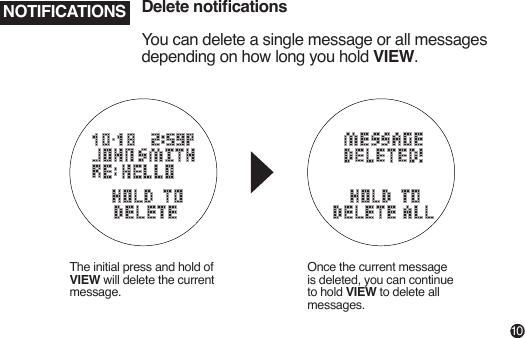 NOTIFICATIONS Delete noticationsYou can delete a single message or all messages depending on how long you hold VIEW.The initial press and hold of VIEW will delete the current message.Once the current message is deleted, you can continue to hold VIEW to delete all messages.10