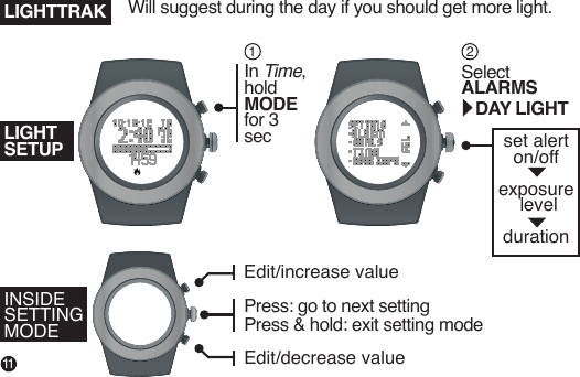 set alerton/off exposure level durationIn Time,hold MODE for 3 secSelect ALARMS DAY LIGHTINSIDE SETTING MODELIGHTSETUPLIGHTTRAK12Edit/increase valueEdit/decrease valuePress: go to next settingPress & hold: exit setting mode Will suggest during the day if you should get more light.11