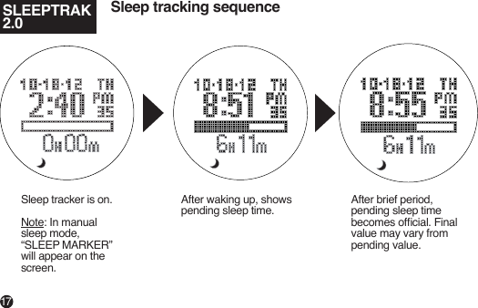 Sleep tracking sequenceSleep tracker is on.Note: In manual sleep mode, “SLEEP MARKER” will appear on the screen.After waking up, shows pending sleep time.After brief period, pending sleep time becomes ofcial. Final value may vary from pending value.SLEEPTRAK 2.017