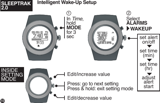 set alerton/off set time(min) set time(hr)adjustalert startIn Time,hold MODE for 3 secSelect ALARMS WAKEUPINSIDE SETTING MODE12Edit/increase valueEdit/decrease valuePress: go to next settingPress & hold: exit setting mode SLEEPTRAK 2.0Intelligent Wake-Up Setup19