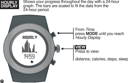 VIEWPress to view:distance, calories, steps, sleepShows your progress throughout the day with a 24-hour graph. The bars are scaled to t the data from the24-hour period.HOURLYDISPLAYFrom Time,press MODE until you reach Hourly Display21